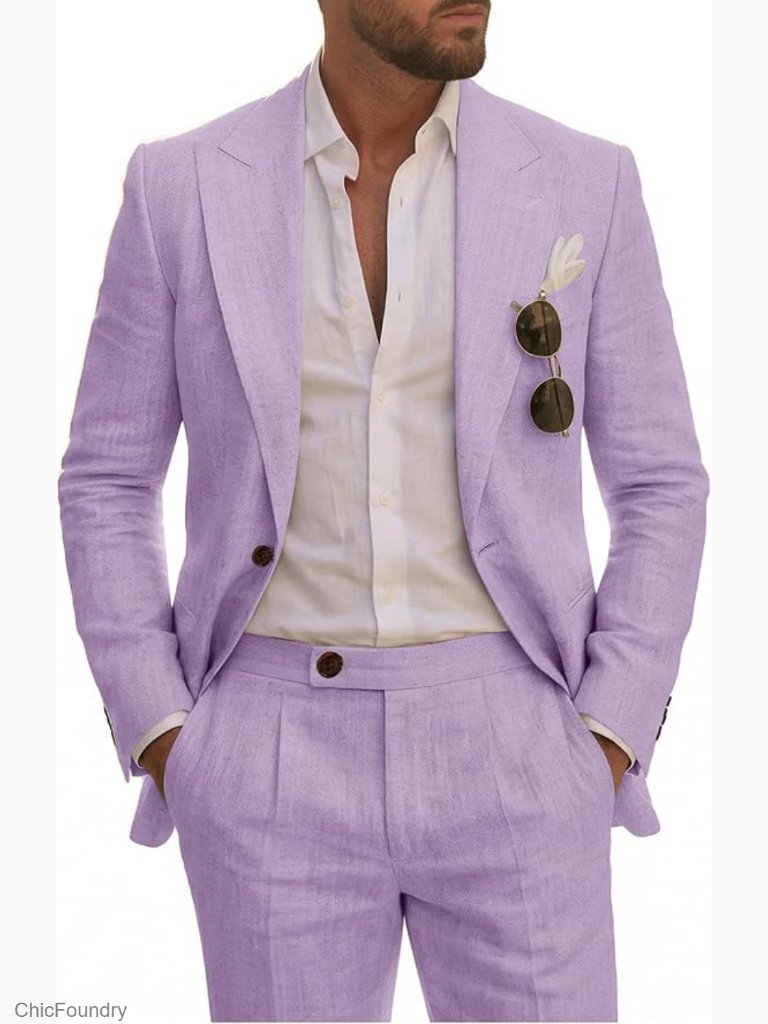 Men's Linen Slim Fit Suit 2 Piece Set Business Wedding Blazer Dress Pants